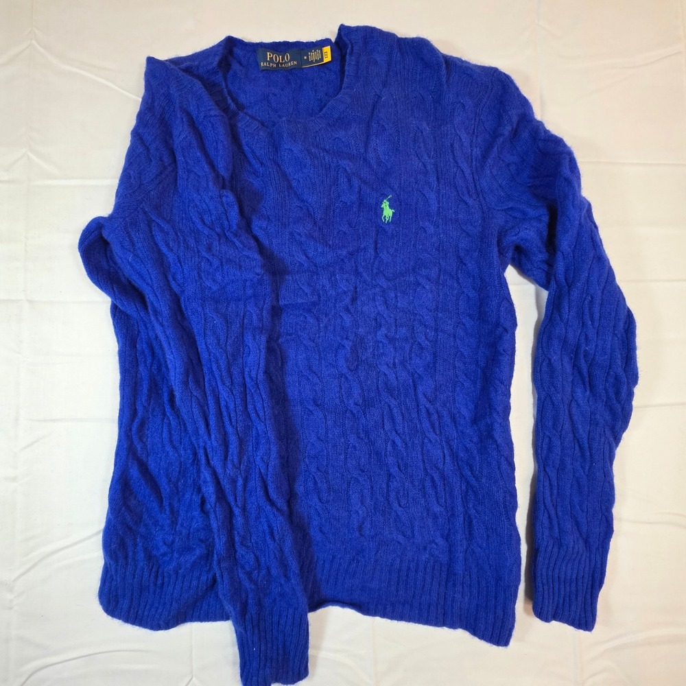Polo Ralph Lauren Wool Cashmere Cable Knit Sweater Royal Blue Green Pony Mens M